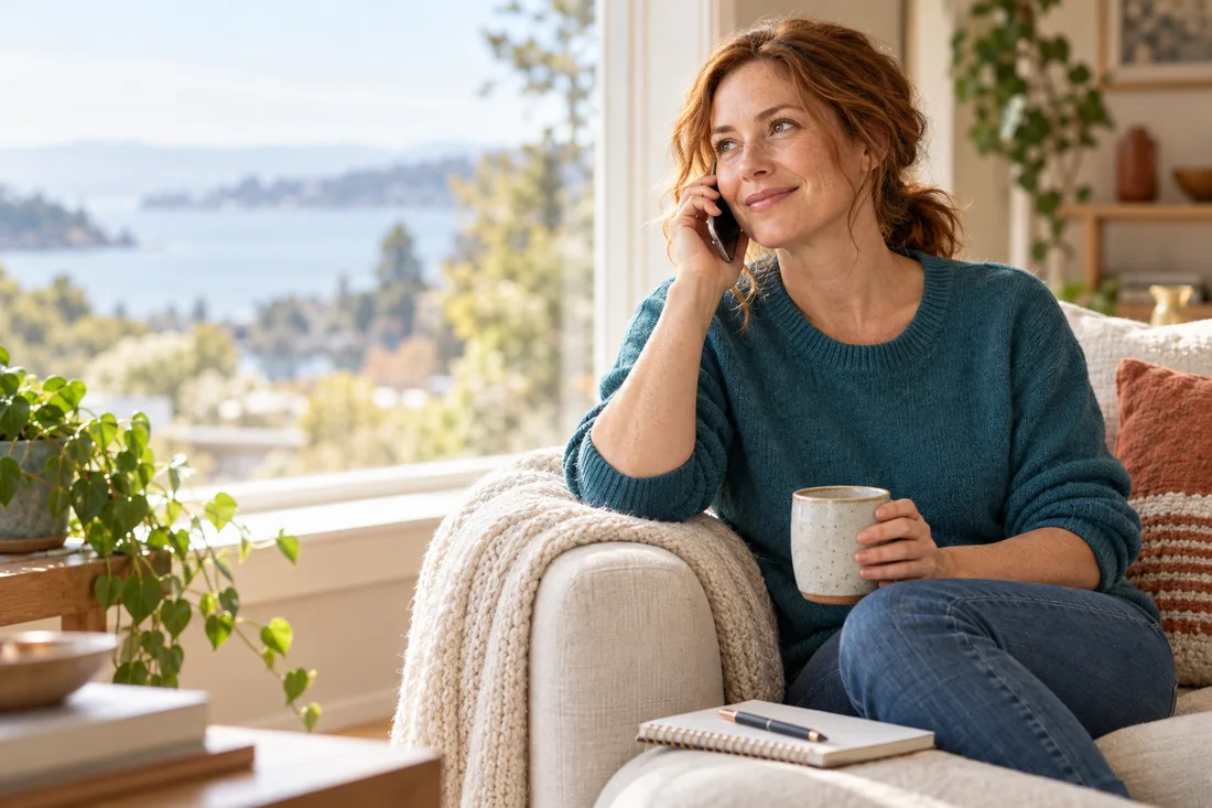 Smiling woman with auburn hair in a teal sweater taking a relaxed phone call on a cream sofa, holding a mug, with a notebook beside her and a view of the bay through the window.