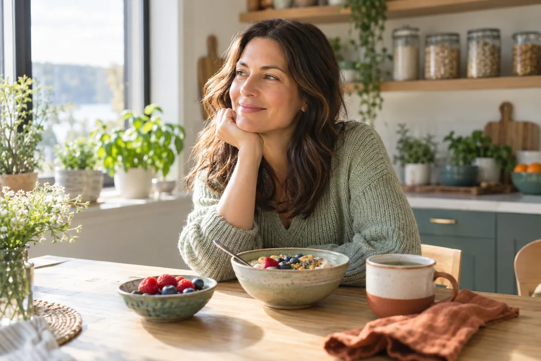 Woman resting her chin on her hand at a sunlit kitchen table with a bowl of oatmeal, fresh berries and herbal tea, looking relaxed and comfortable