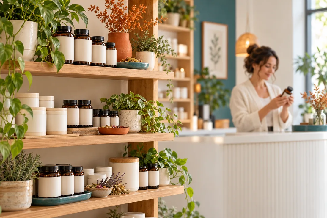 Wooden shelves in a bright dispensary holding amber supplement bottles and cream jars with blank labels among green plants, with a smiling team member at the counter holding a bottle