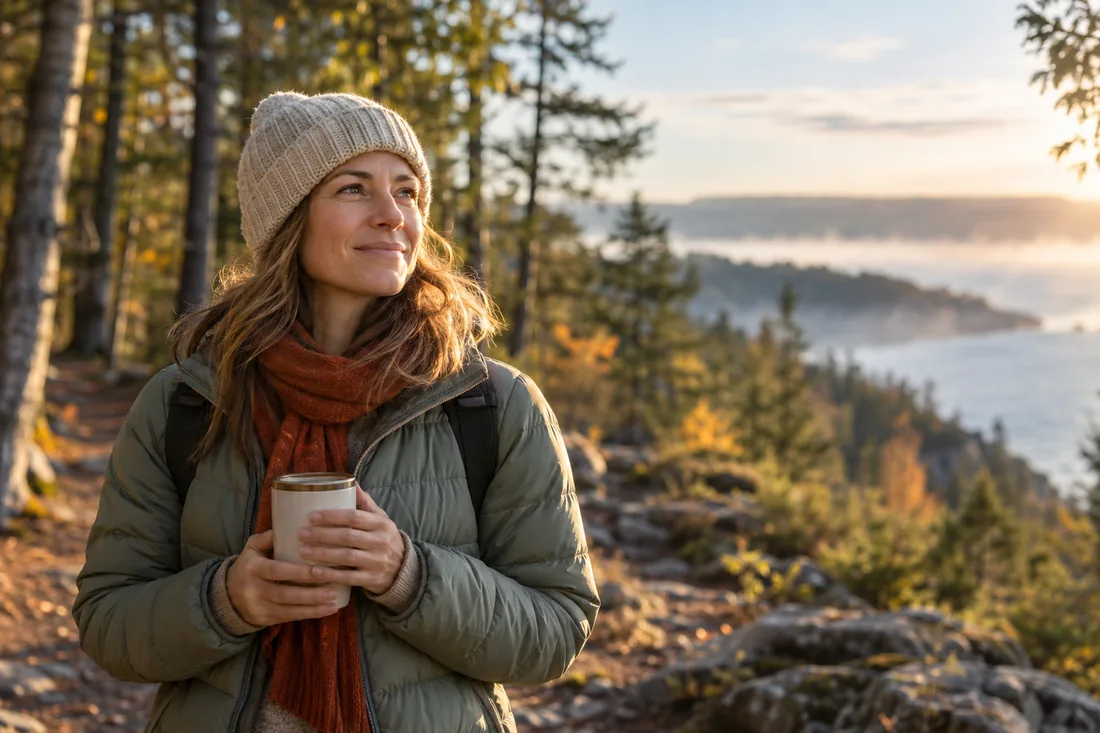 Rested woman in a beanie and scarf holding a mug at a sunrise lookout over a misty Georgian Bay shoreline