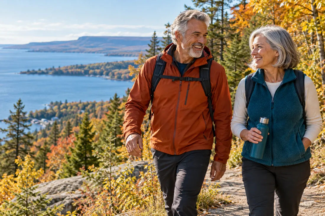 Man with silver hair and a beard in a rust jacket and woman with a silver bob in a teal fleece vest, smiling and walking together on an autumn trail above Georgian Bay.