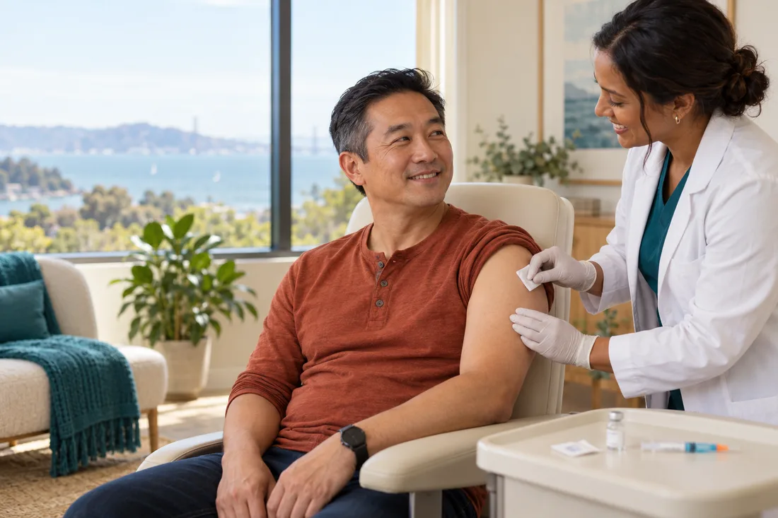 Smiling man in a rust henley seated in a treatment chair while a nurse practitioner in a white coat prepares his upper arm for an injection, in a bright clinic room overlooking the bay.