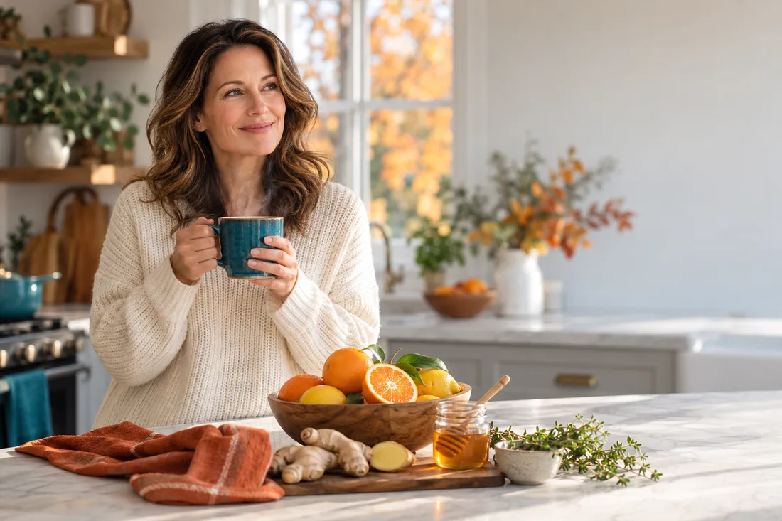 Smiling woman in a cream knit sweater holding a steaming teal mug in a bright autumn kitchen, with a bowl of oranges and lemons, fresh ginger, honey and thyme on the marble counter