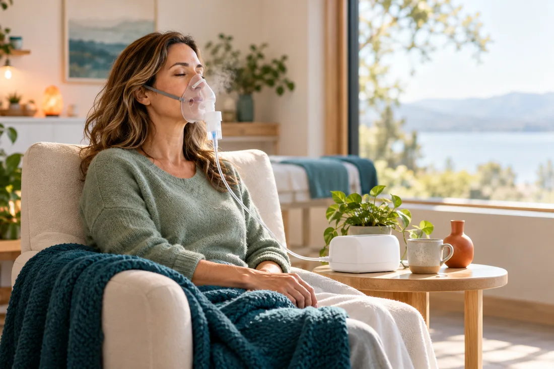 Relaxed woman in a sage-green sweater sitting in a cream armchair with a teal blanket, breathing calmly through a nebulizer mask beside a window overlooking the bay.