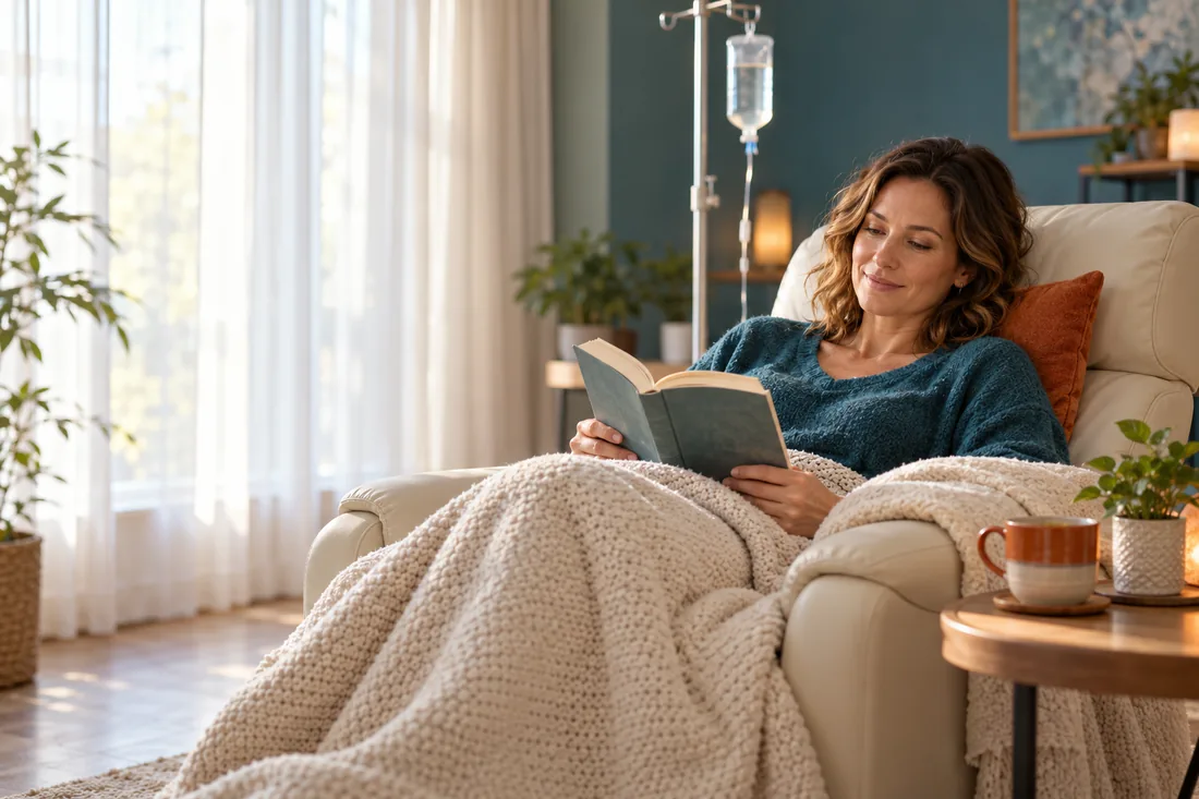 Woman relaxing in a cream recliner under a knitted blanket, reading a book in a bright treatment suite with a softly blurred IV bag on a stand