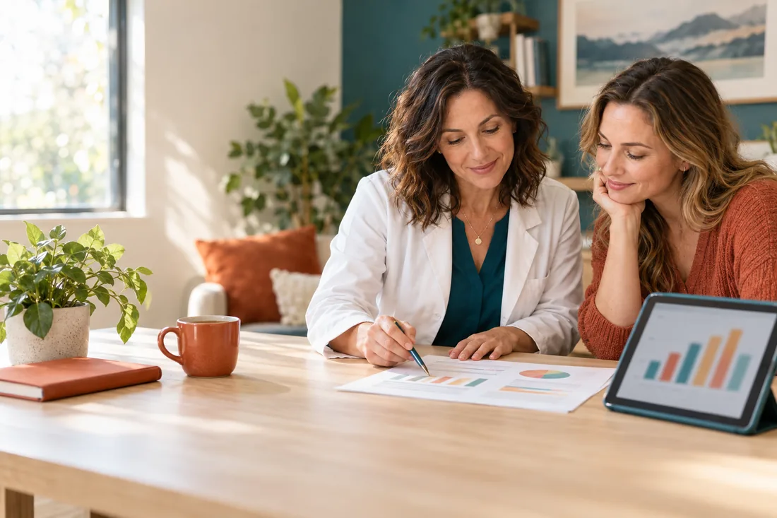 Naturopathic doctor and patient sitting side by side at a wooden table, smiling as they review a printed health report with colourful charts, with a tablet, notebook and mug of tea nearby
