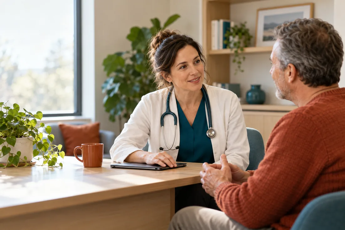 Female nurse practitioner with a stethoscope smiling and listening attentively to a middle-aged male patient across a desk in a bright consultation room