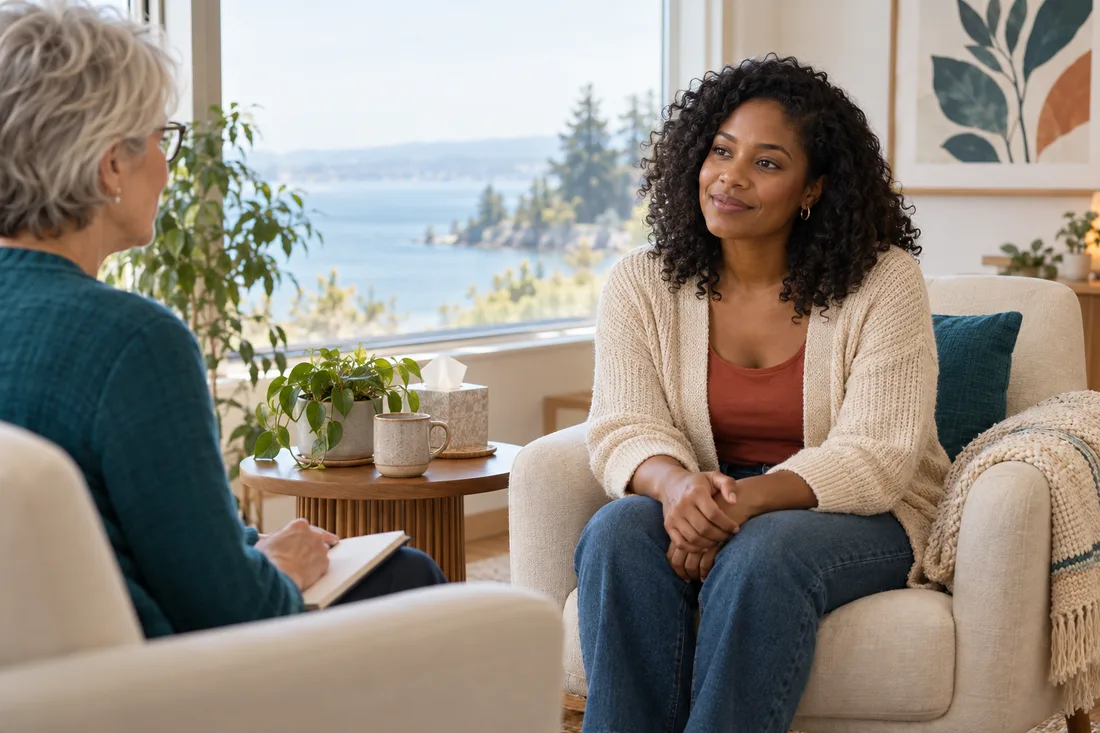 Woman with natural curly hair in a cream cardigan sitting in an armchair, listening thoughtfully during a psychotherapy session with a therapist in a teal cardigan, in a bright, calm room overlooking the bay.