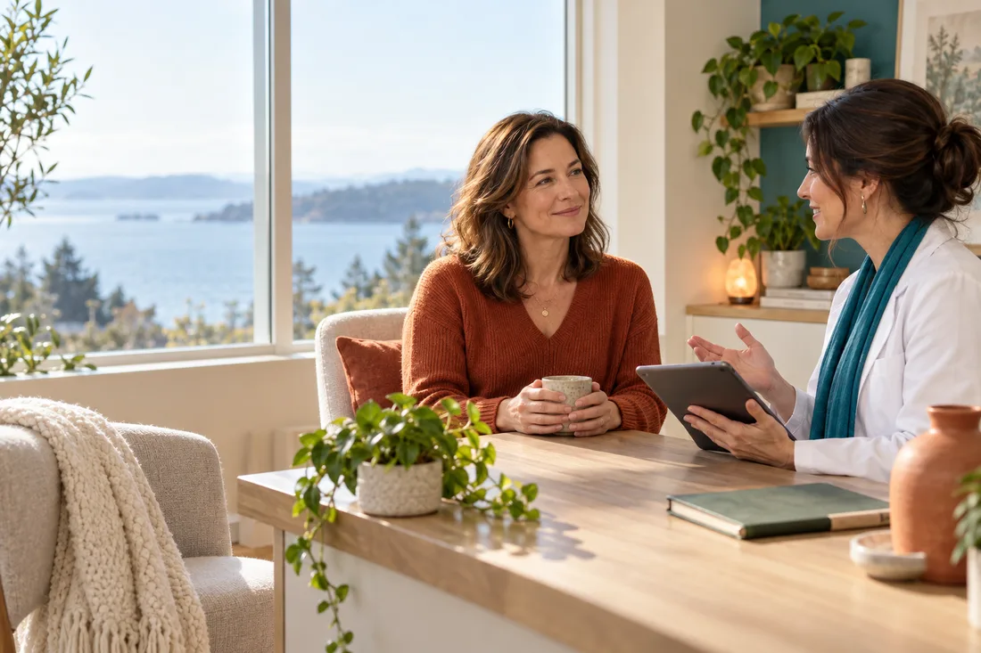 Woman in a rust-colored sweater holding a ceramic mug and smiling during a women's health consultation with a practitioner in a white coat and teal scarf, in a bright clinic office overlooking the bay.